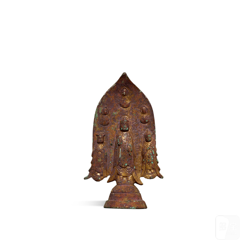 A gilt-bronze Maitreya and attendants group, Northern Qi dynasty | 北齊 銅鎏金一輔三尊立姿彌勒佛背屏式像
